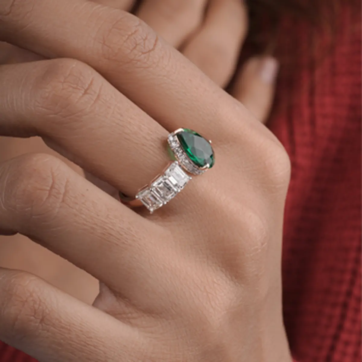 Maurya Pear Emerald Open Living Leaf Side Emearld Wedding Ring 