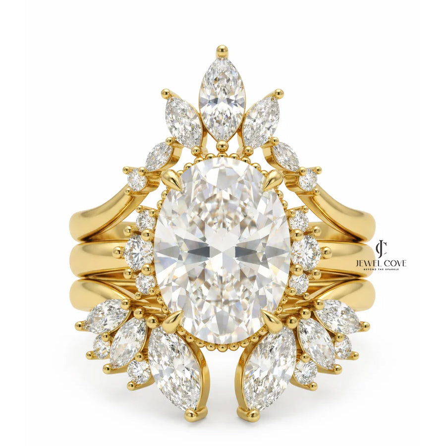 2CT Oval Solitaire Lab Grown Stack Marquise Wing Bridal Ring Set | IGI Certified
