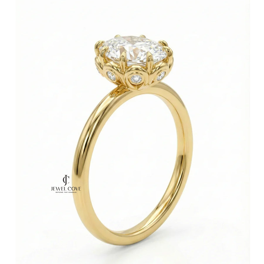 2CT Oval Cut Lab Grown Hidden Halo Engagement Ring | IGI Certified Yellow Gold Ring