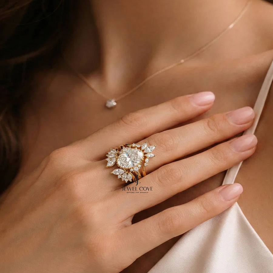 2CT Oval Solitaire Lab Grown Stack Marquise Wing Bridal Ring Set | IGI Certified
