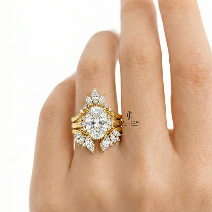 2CT Oval Solitaire Lab Grown Stack Marquise Wing Bridal Ring Set | IGI Certified