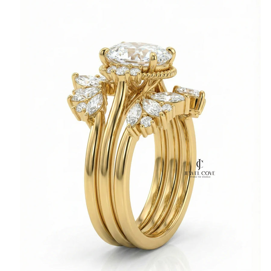 2CT Oval Solitaire Lab Grown Stack Marquise Wing Bridal Ring Set | IGI Certified