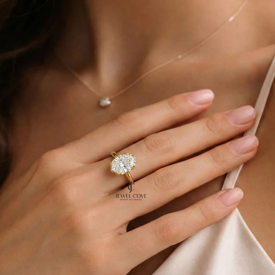 2CT Oval Cut Lab Grown Hidden Halo Engagement Ring | IGI Certified Yellow Gold Ring