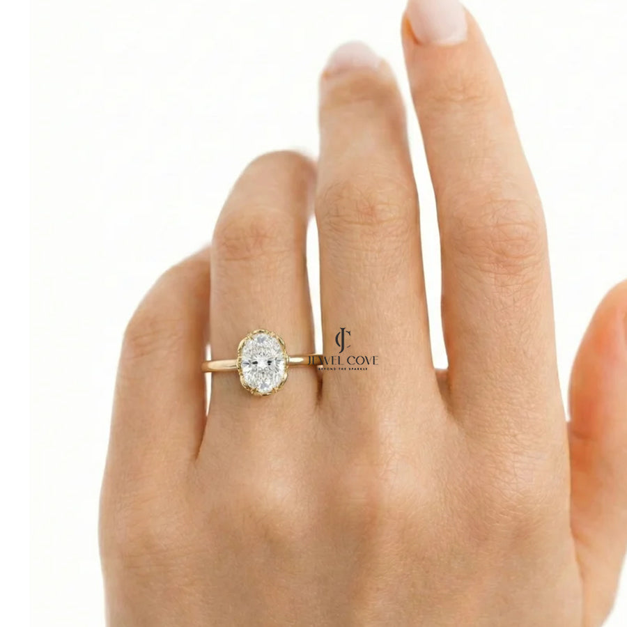 2CT Oval Cut Lab Grown Hidden Halo Engagement Ring | IGI Certified Yellow Gold Ring