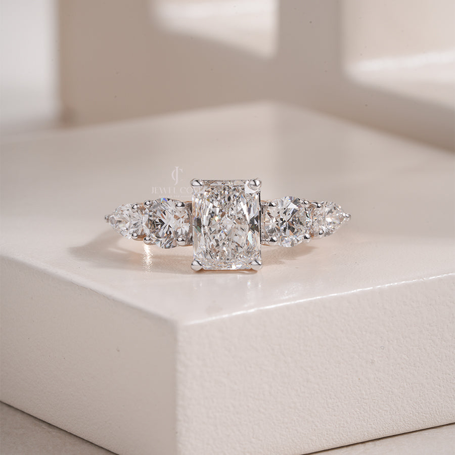 Emerald Cut Moissanite Engagement Ring with Tapered Side Diamonds in White Gold, Elegant Three Stone Ring