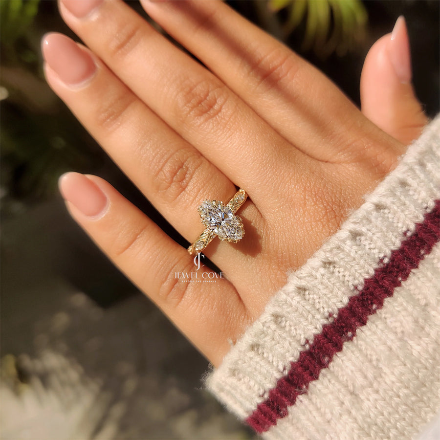 Marquise Cut Diamond Ring with Hidden Flower Crown | Lab Grown Diamonds | IGI Certified