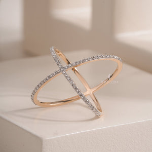X-Shape Crossover Moissanite Ring with Pave Setting | IGI Certified