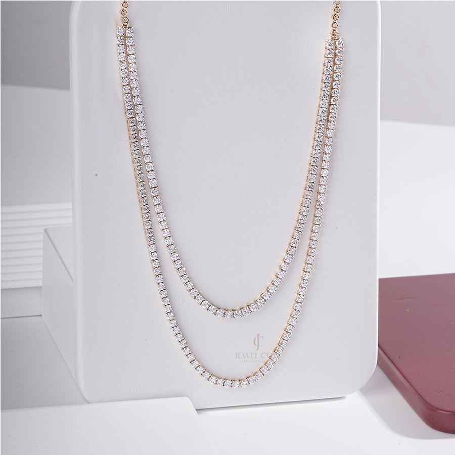 14K White Gold Tennis Double Layer Necklace | IGI Certified | E-F Color | VVS- VS Clarity