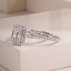 Emerald Cut Lab Grown Diamond Ring, Halo Setting Engagement Ring, White Gold Double Band