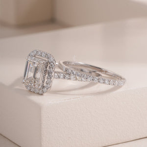Emerald Halo Setting Engagement Ring | White Gold Double Band | IGI Certified