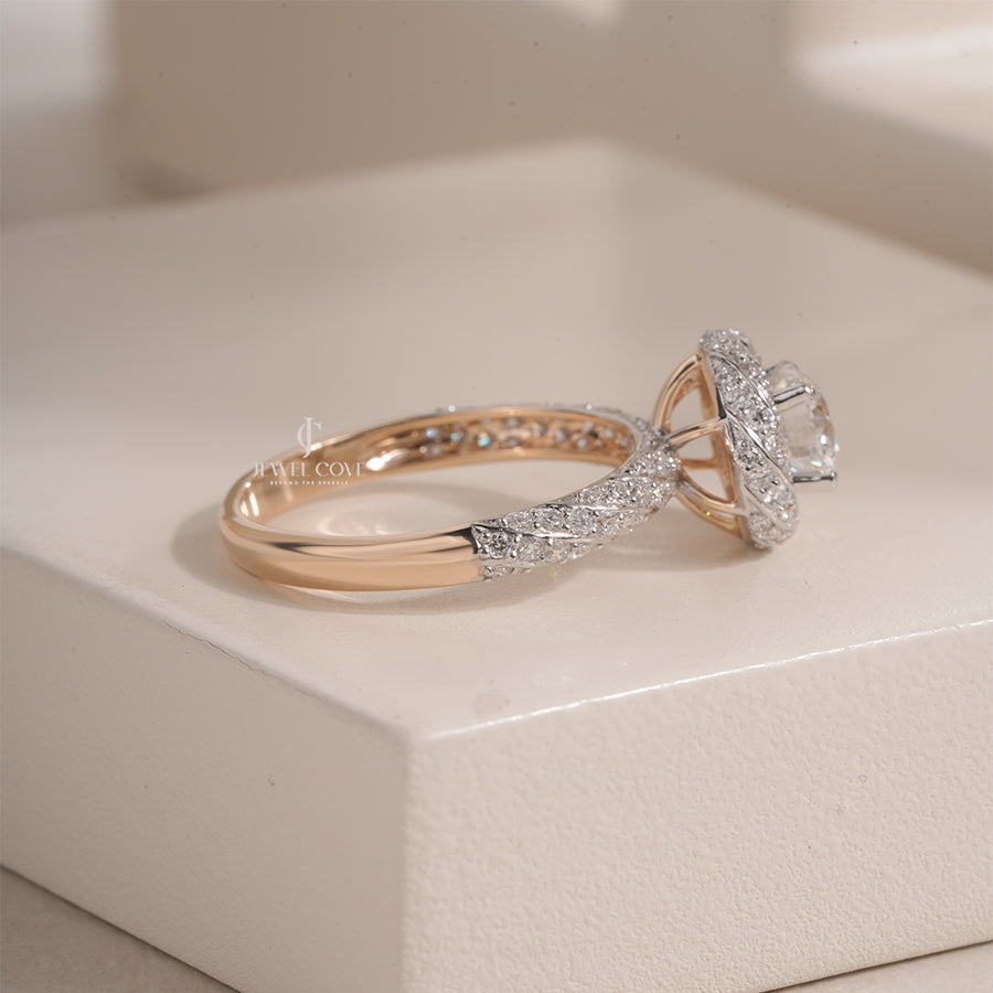 Round Lab Grown Halo and Pave Diamond Band | IGI Certified Ring | E-F Color | VVS- VS Clarity