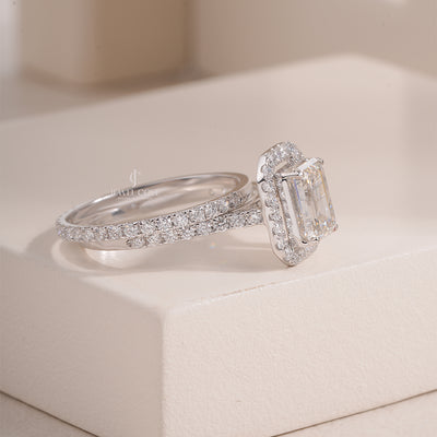 Emerald Cut Lab Grown Diamond Ring, Halo Setting Engagement Ring, White Gold Double Band