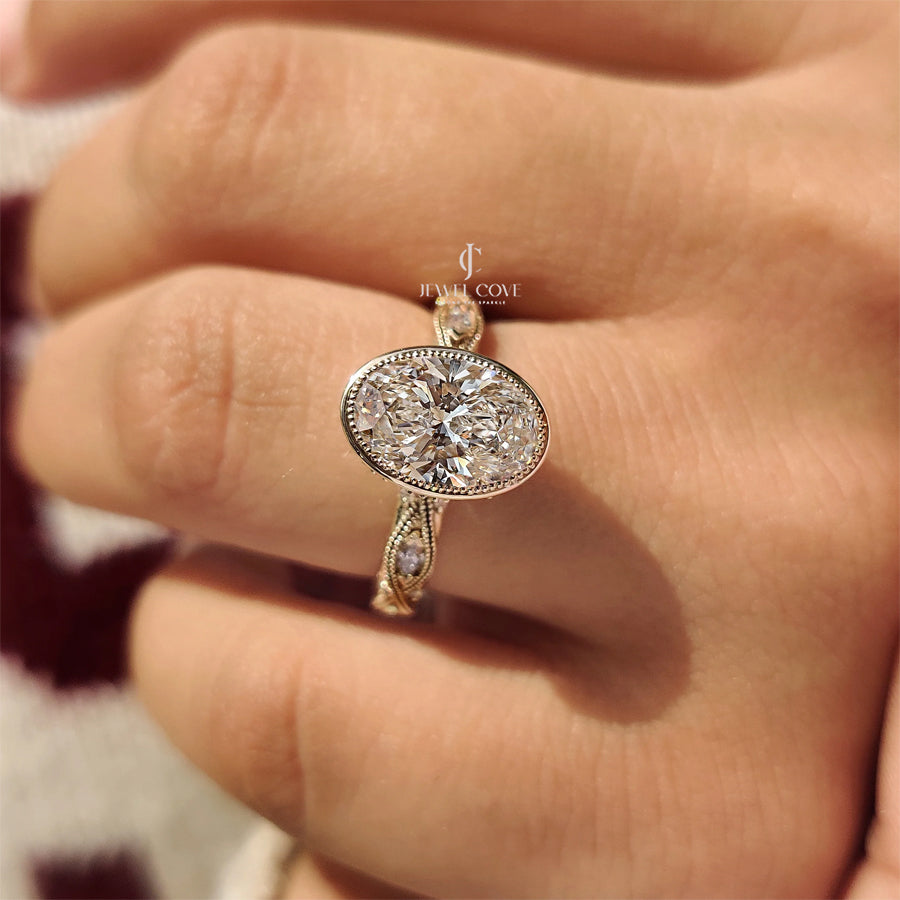 Oval Bezel Engagement Ring with Milgrain | Lab Grown Diamonds | IGI Certified