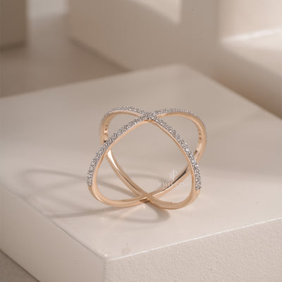 X-Shape Crossover Moissanite Ring with Pave Detailing, Modern Elegant Gold Jewelry