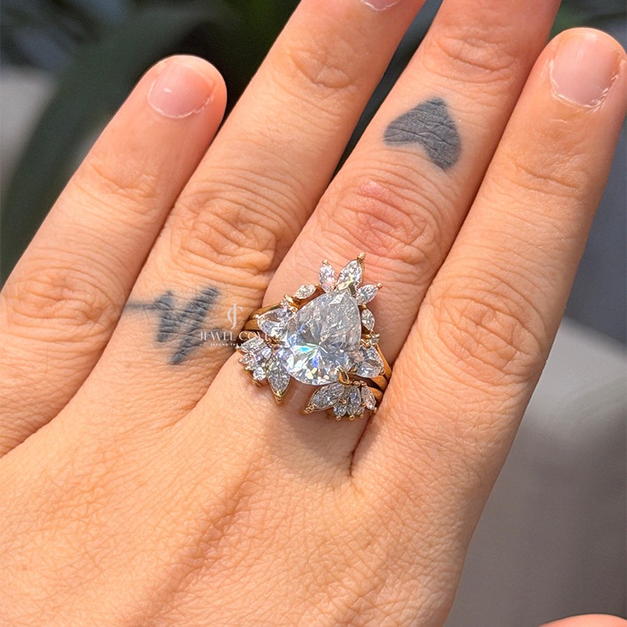 3.50 CT Pear Three Stone Ring | Marquise Wing Bridal Ring Set For Engagement Ring | Lab Grown Diamonds | IGI Certified
