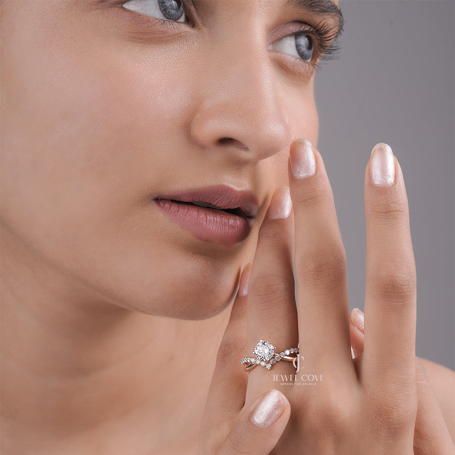 Round Cut Moissanite Diamond Engagement Ring with Twisted Pave Band and Four-Prong Setting