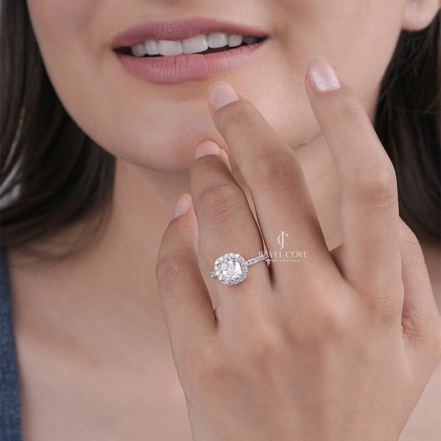 Cushion Lab Grown Halo Setting Engagement Ring | IGI Certified | E-F Color| Eternity Band
