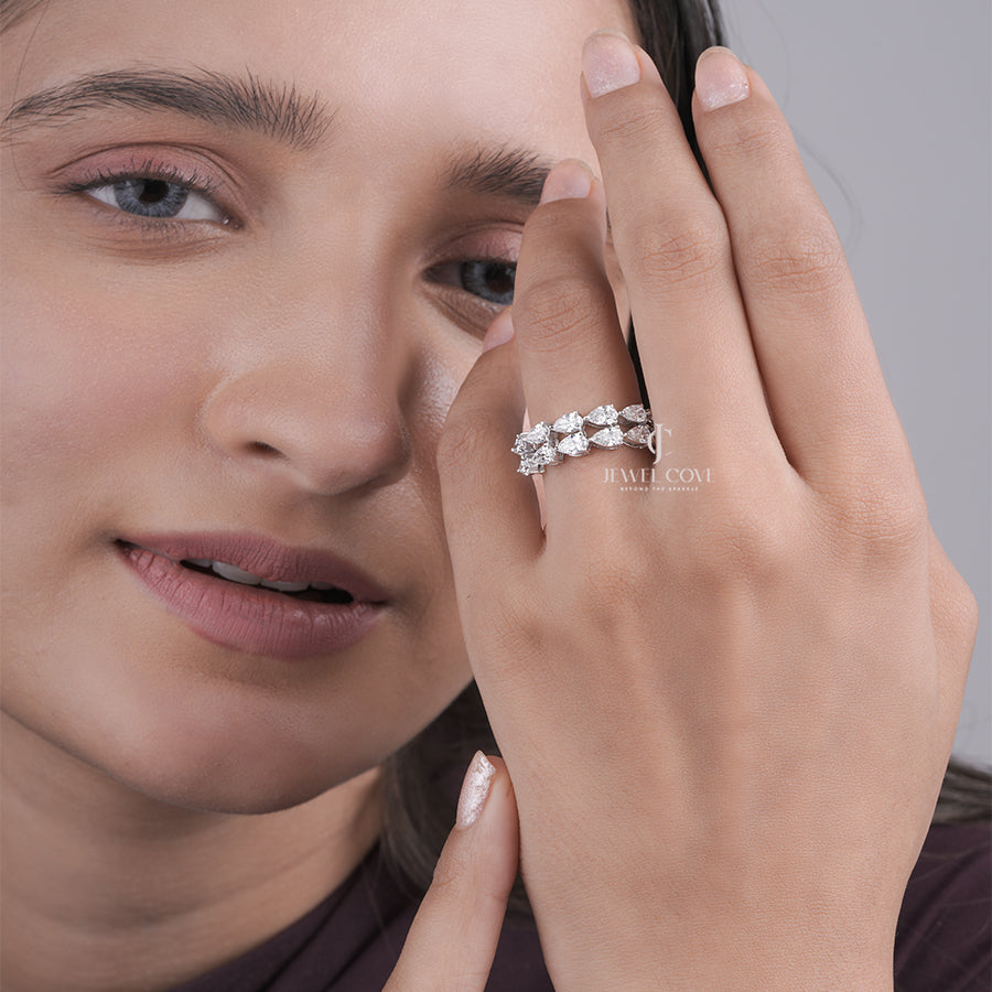 Pear Shape Diamond Half Eternity Ring, Moissanite Diamonds, White Gold Wedding Band, Pear Cut Stacking Ring