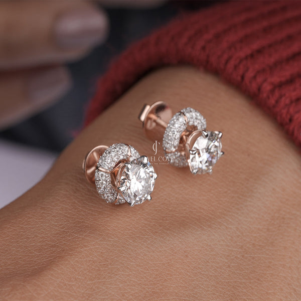18K Rose Gold Round Lab Diamond Halo Stud Earrings Earrings | EF Color | VVS-VS Clarity | IGI Certified