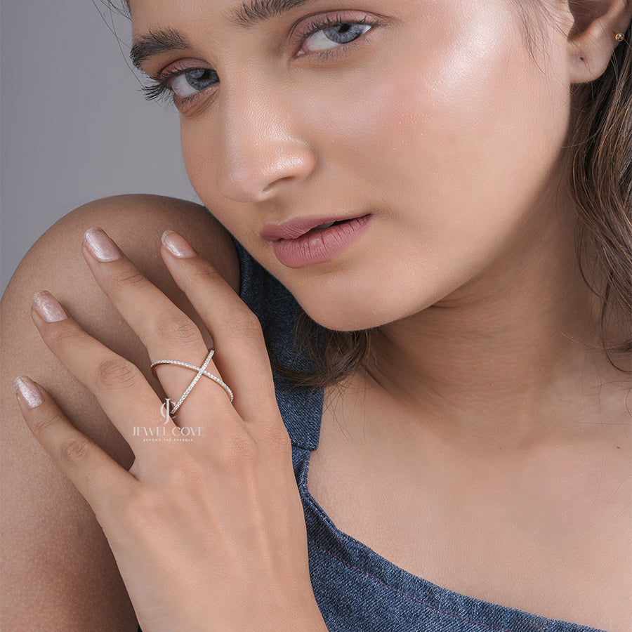 X-Shape Crossover Ring with Pave Detailing, Modern Elegant Gold Jewelry