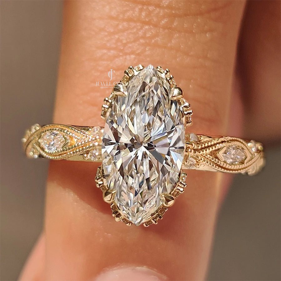 Marquise Cut Diamond Ring with Hidden Flower Crown | Lab Grown Diamonds | IGI Certified