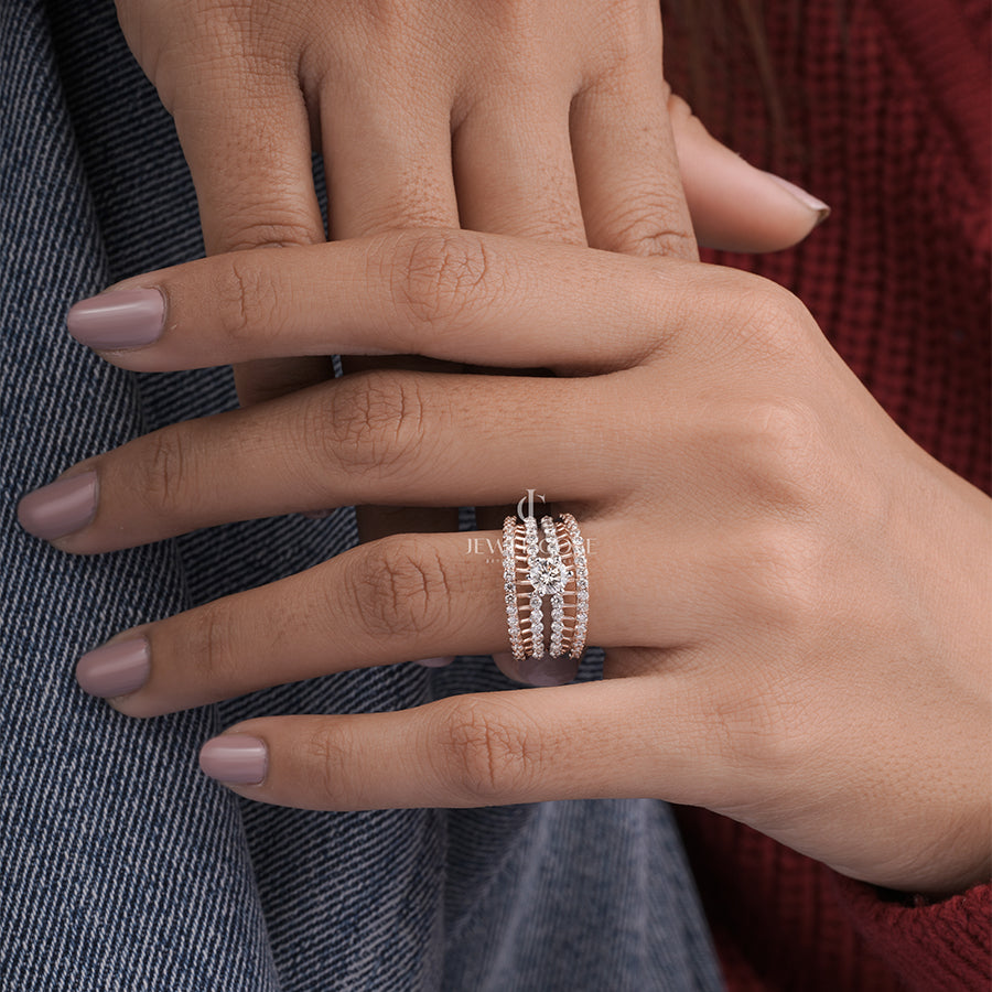 Sparkle Round Moissanite Solitaire Four Band Engagement Ring