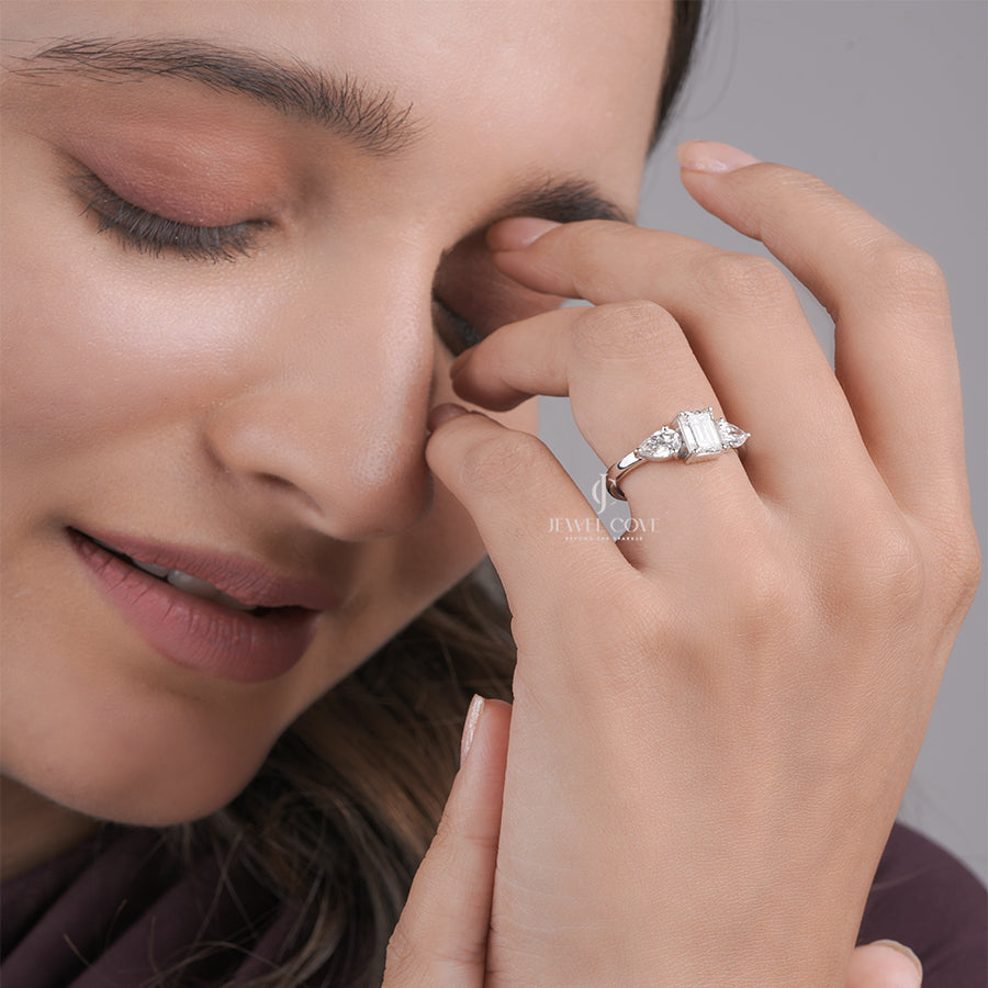 Emerald Cut Moissanite Diamond Engagement Ring, Three Stone Setting with Pear Shape Side Diamonds