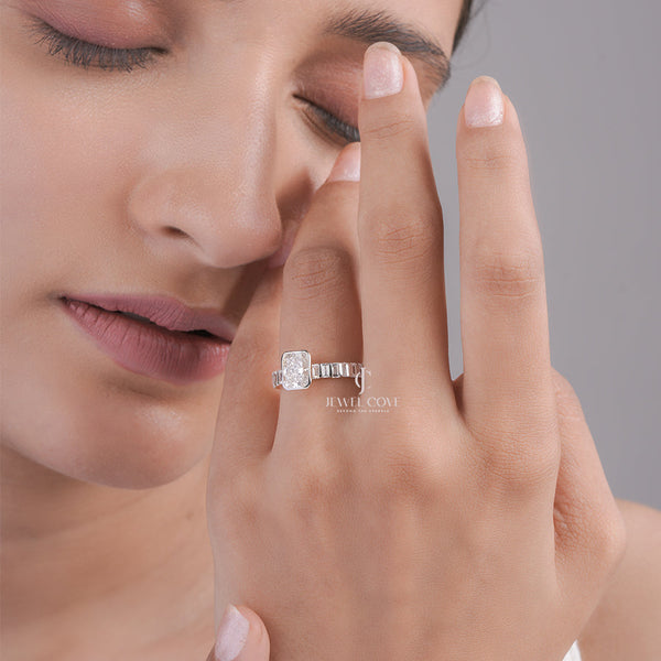 Radiant Lab Grown Diamond Engagement Ring with Baguette Side Stones