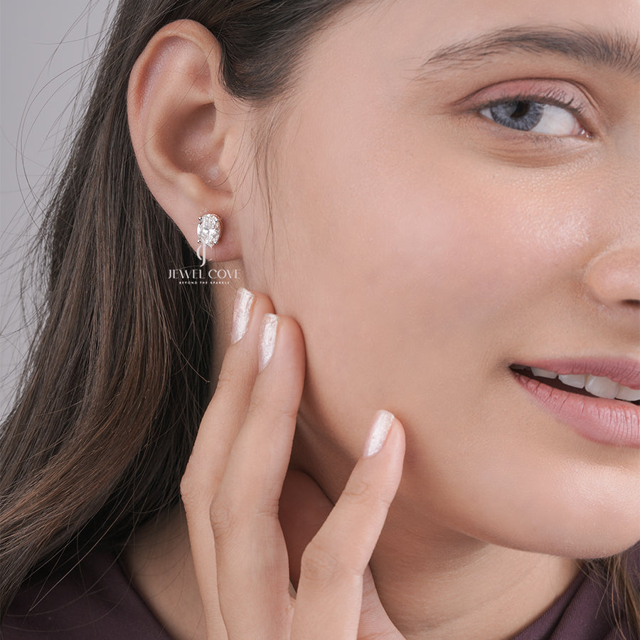 Rose Gold Oval Moissanite Diamond Studs – Elegant Oval Cut Solitaire Earrings for Daily Wear