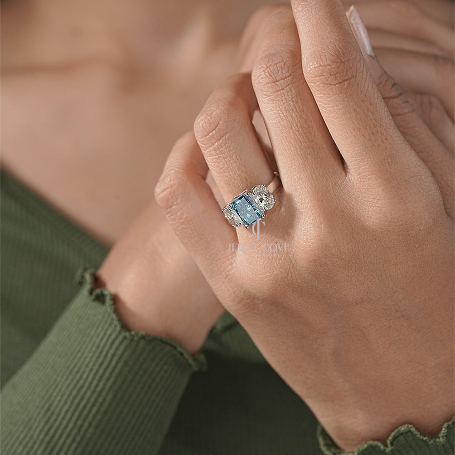 Radiant & Oval Three Stone Lab Grown Engagement Ring E-F Color | VVS- VS Clarity | IGI Certified