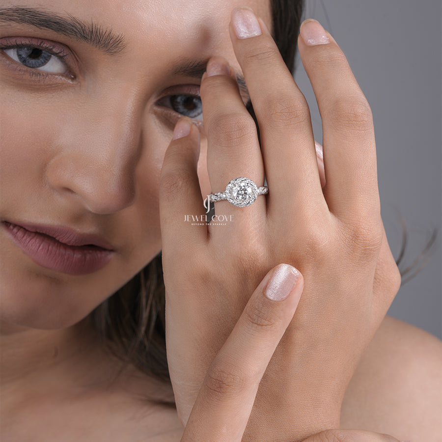 Round Cut Lab Grown Diamond Ring with Elegant Swirl Halo and Pave Diamond Band