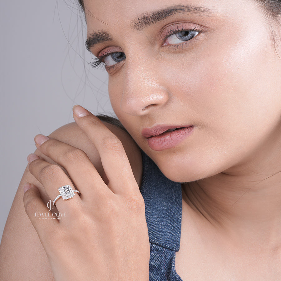 Classic Emerald Moissanite Diamond Halo Ring with Pave Band | Engagement Jewelry