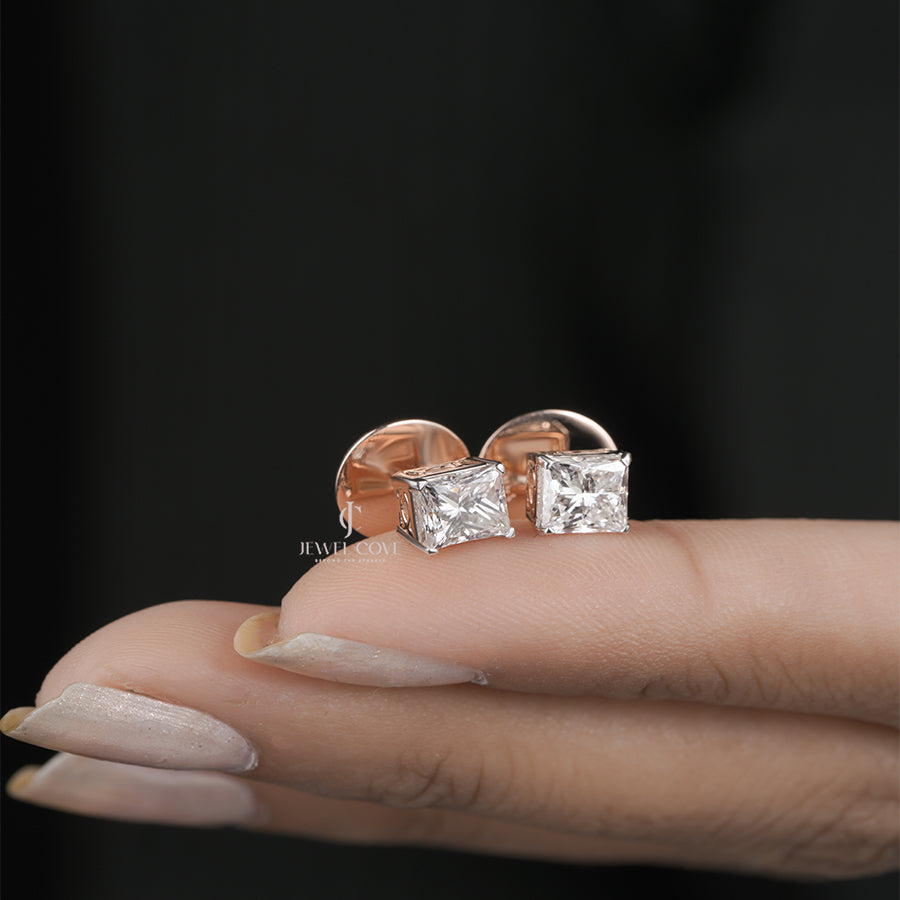 Princess Cut Diamond Stud Earrings for Women in Rose Gold Daily Wear Jewellery Gift