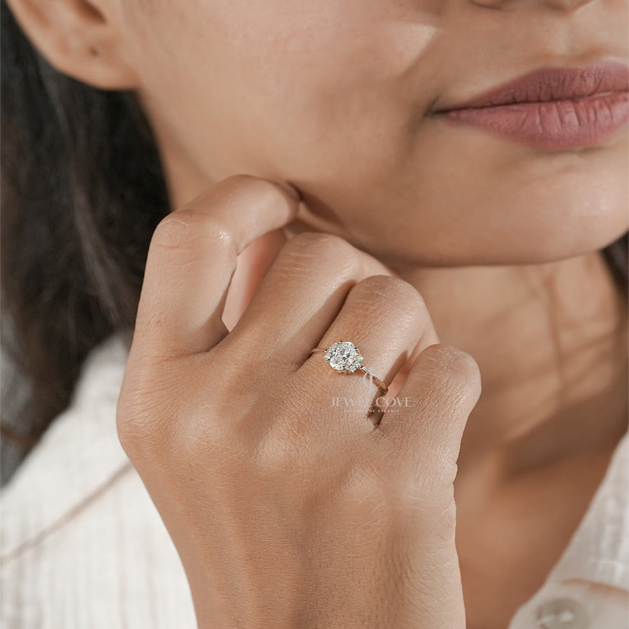 Oval Cut Diamond Engagement Ring with Side Halo on Gold Band