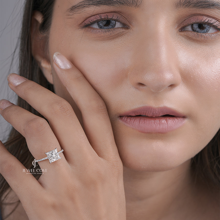 Princess Moissanite Engagement Ring with Pave Band in Yellow Gold, Classic Solitaire Fine Jewelry