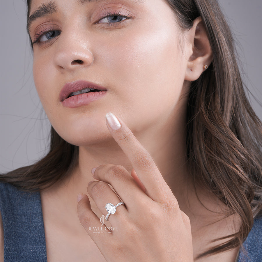 Oval Lab Grown Engagement Eternity Ring with Pave Band | IGI Certified | Yellow Gold Ring