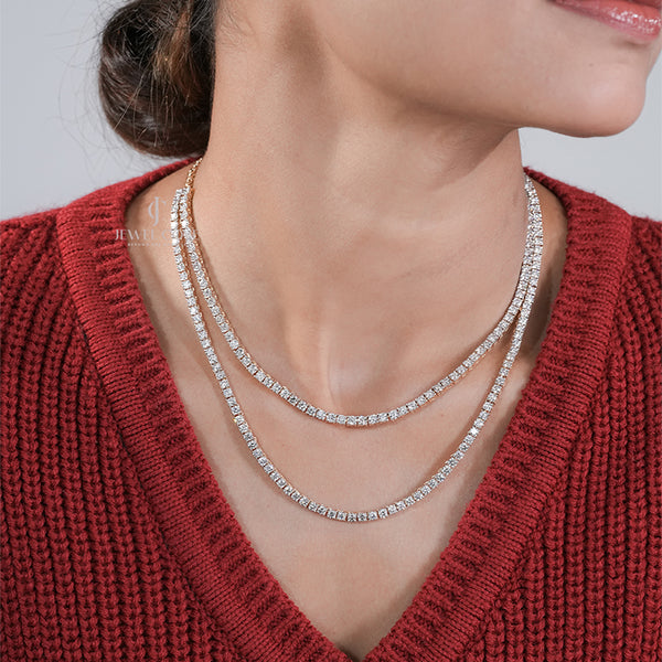 14K White Gold Tennis Double Layer Necklace | IGI Certified | E-F Color | VVS- VS Clarity