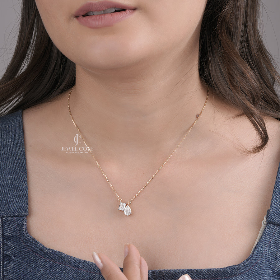 Emerald & Pear Lab Grown Diamond Pendant in Yellow Gold, Modern Two Stone Diamond Necklace