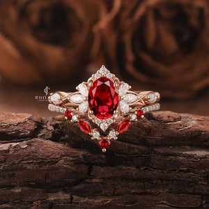 Art Deco Oval Shaped Ruby Gemstone Cluster Bridal Set Rings | Moissanite Diamonds | GRA Certified