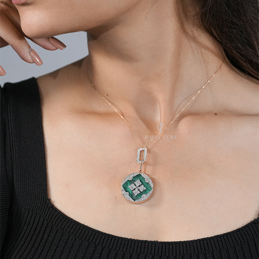 Elegant Green Pendant Necklace with Diamond Accents on Model (ONLY PENDENT)