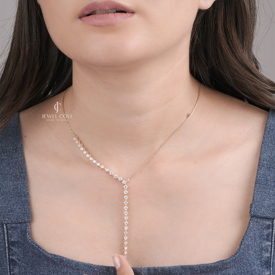 Y Necklace Lab Grown in Yellow Gold with Graduated Round Diamonds | Elegant Drop Necklace