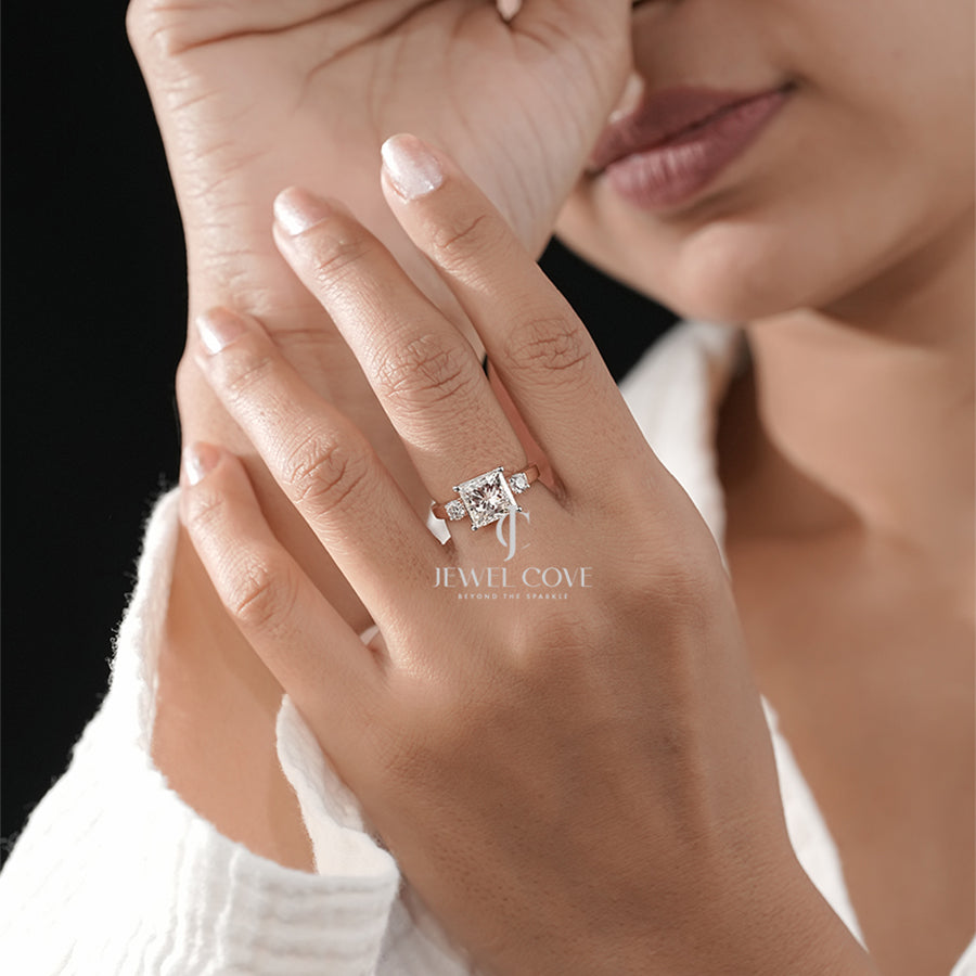 Three-Stone Princess-Cut Diamond with Round Side Diamond Ring