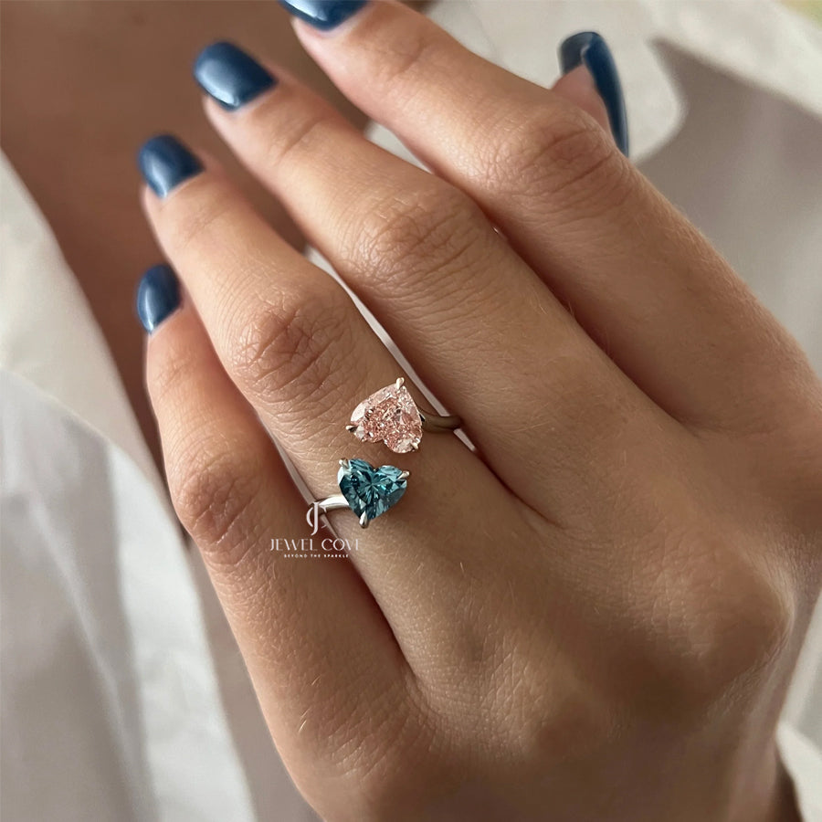 Fancy Vivid Pink and Blue Heart Toi-et-Moi Lab Grown diamond Ring | IGI Certificate