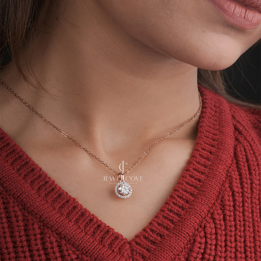 Round 1ct Lab Grown Rose Gold Halo Set Pendent, E-F Color, VVS-VS Clarity - IGI Certified (Only Pendent)