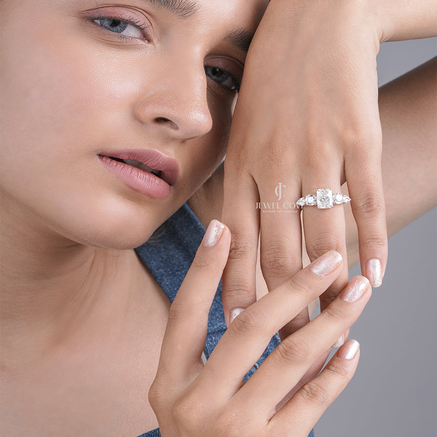 Emerald Cut Diamond Engagement Ring with Tapered Side Diamonds in White Gold, Elegant Three Stone Ring