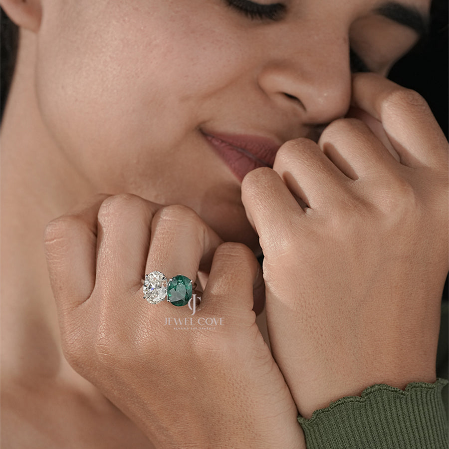 Two Stone Oval Moissanite Ring with Green Emerald and White Diamond