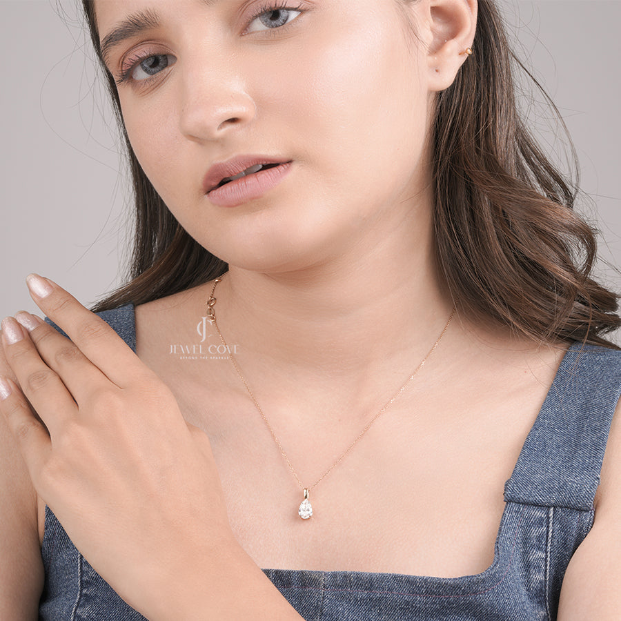 Pear Moissanite Diamond Solitaire Pendant Necklace in Yellow Gold | Classic Fine Jewelry