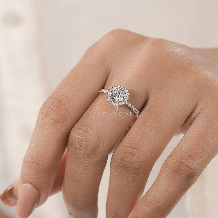 Round Halo Diamond Engagement Ring in Classic Solitaire with Pave Band