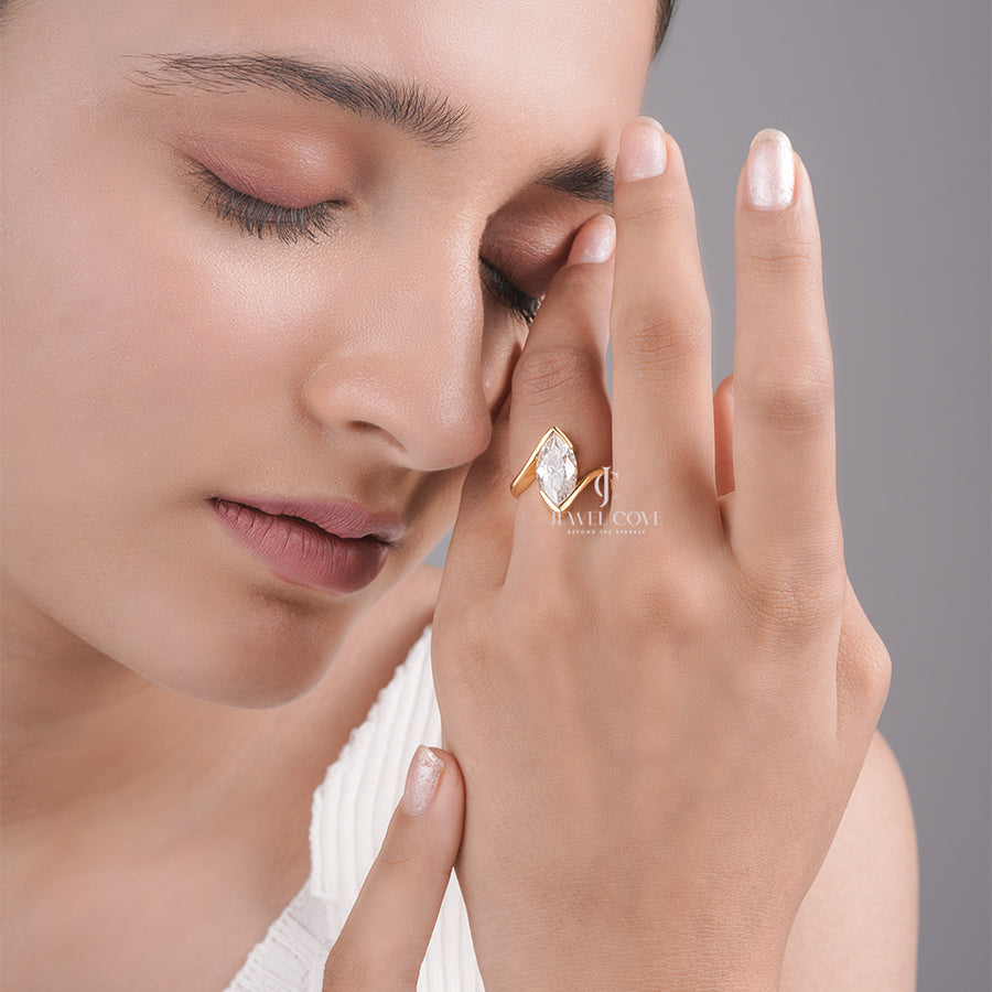 Marquise Cut Diamond Solitaire Ring with Unique V-Shaped Setting 18K Gold Ring