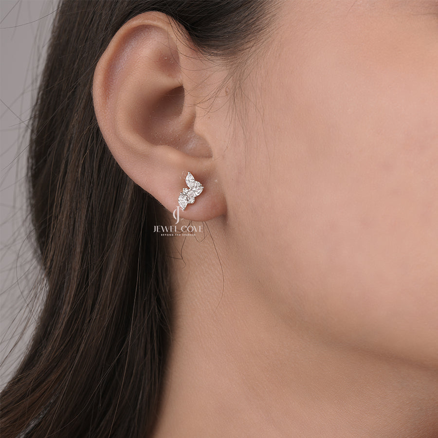 Marquise & Round Lab Grown Diamond Cluster Stud Earrings | IGI Certified | Yellow Gold Stud
